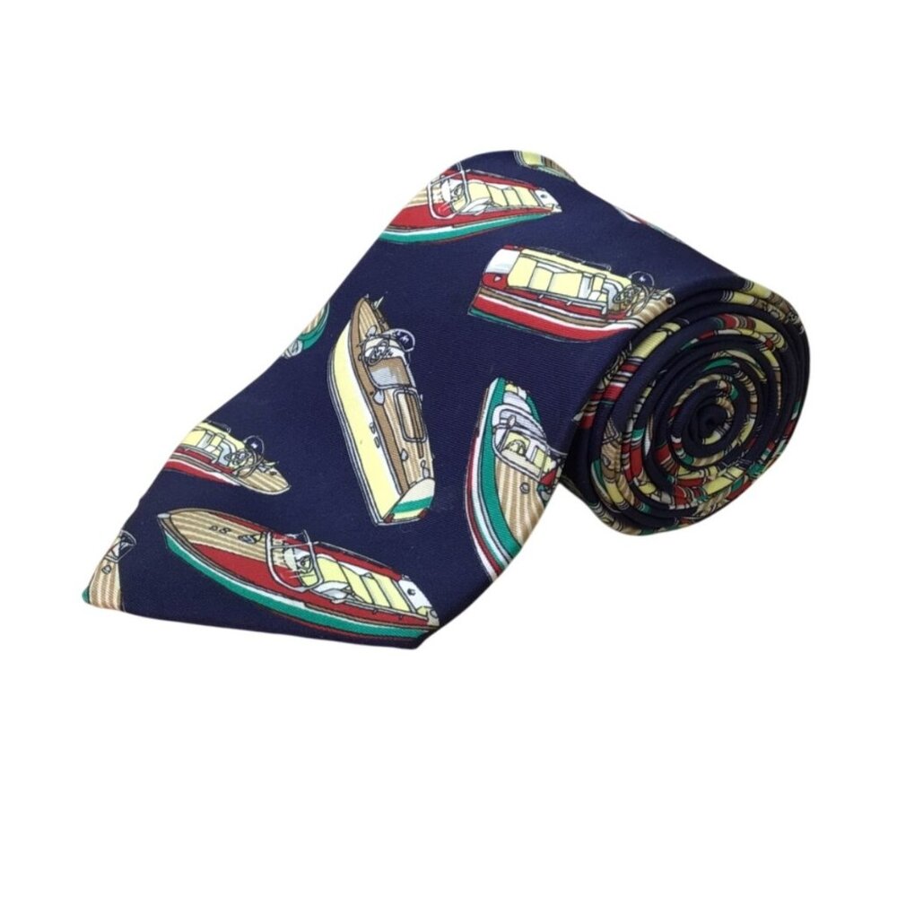Alynn Mens Navy Silk Boat Print Necktie 57" Long Unique Design Tie
